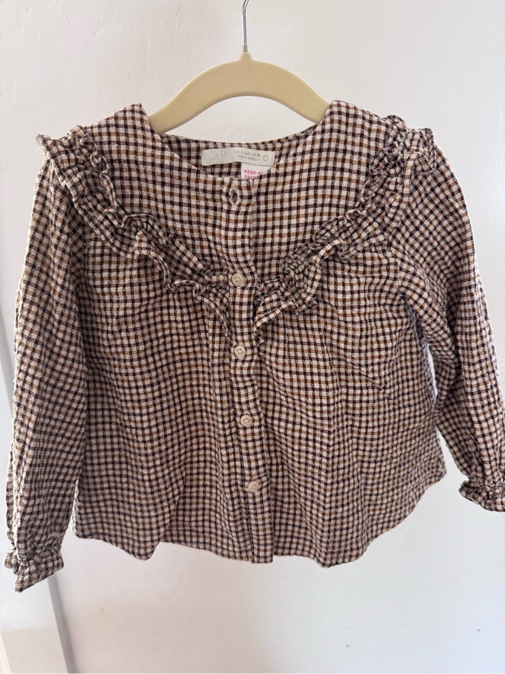 ZARA Brown and Cream Check Ruffle Button-Front Shirt